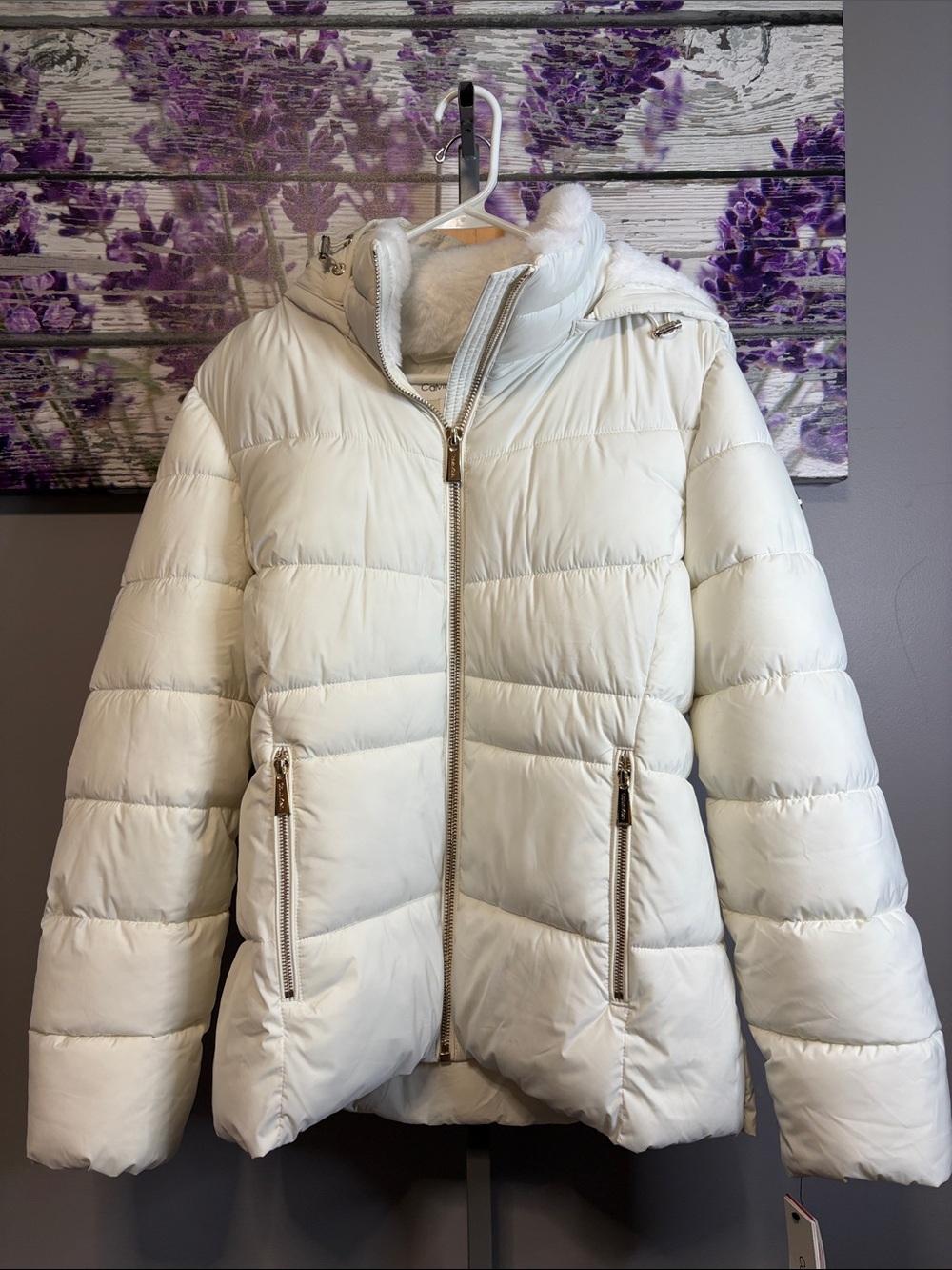 Calvin Klein Cream Quilted Hooded Puffer Jacket Size XL NWT